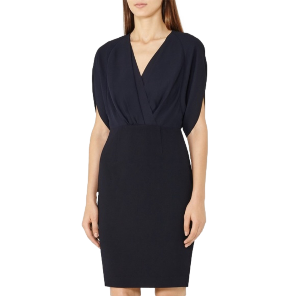 Reiss Lyon-Laser Cut V-Neck Dress in Navy Blue Size 6